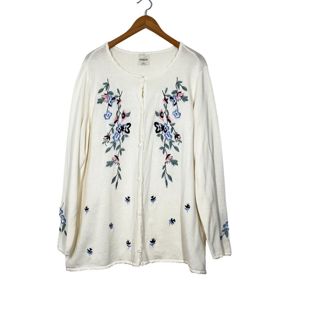 Vintage Bedford Fair Cardigan Sz 2X  White Floral Embroidery Crew Neck Button Up